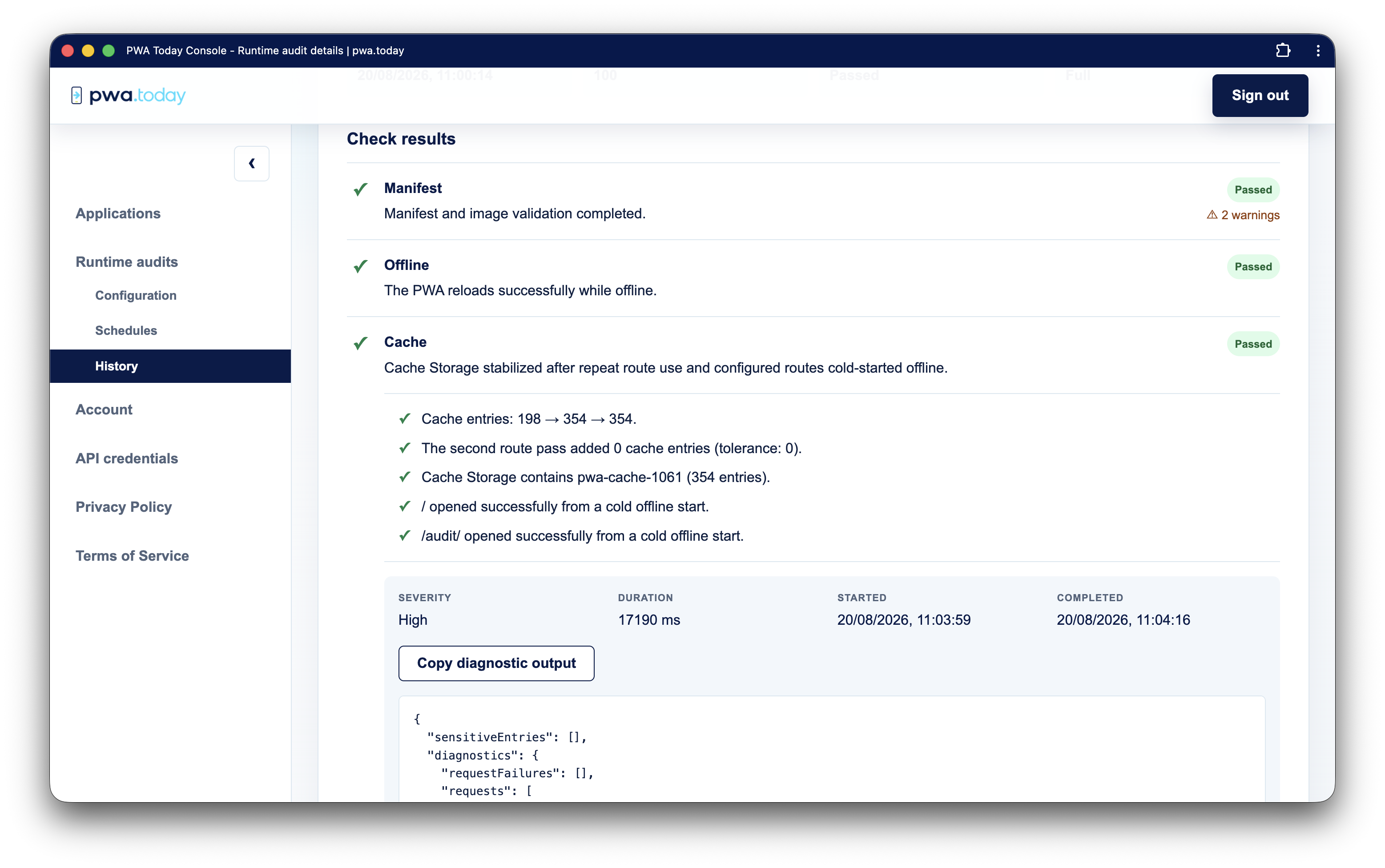PWA Today console showing an expanded audit check with its JSON payload