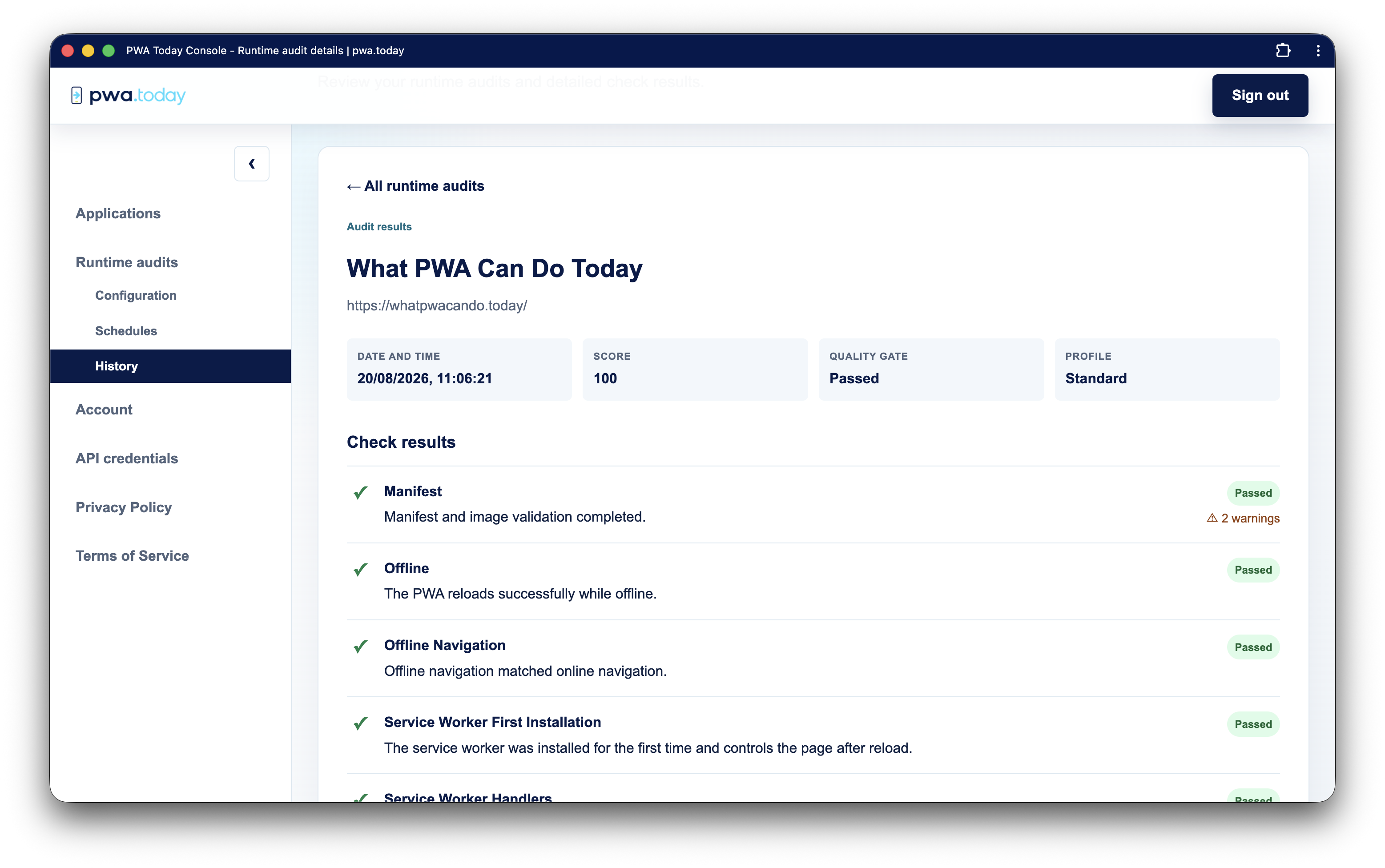 PWA Today console showing the details of an audit