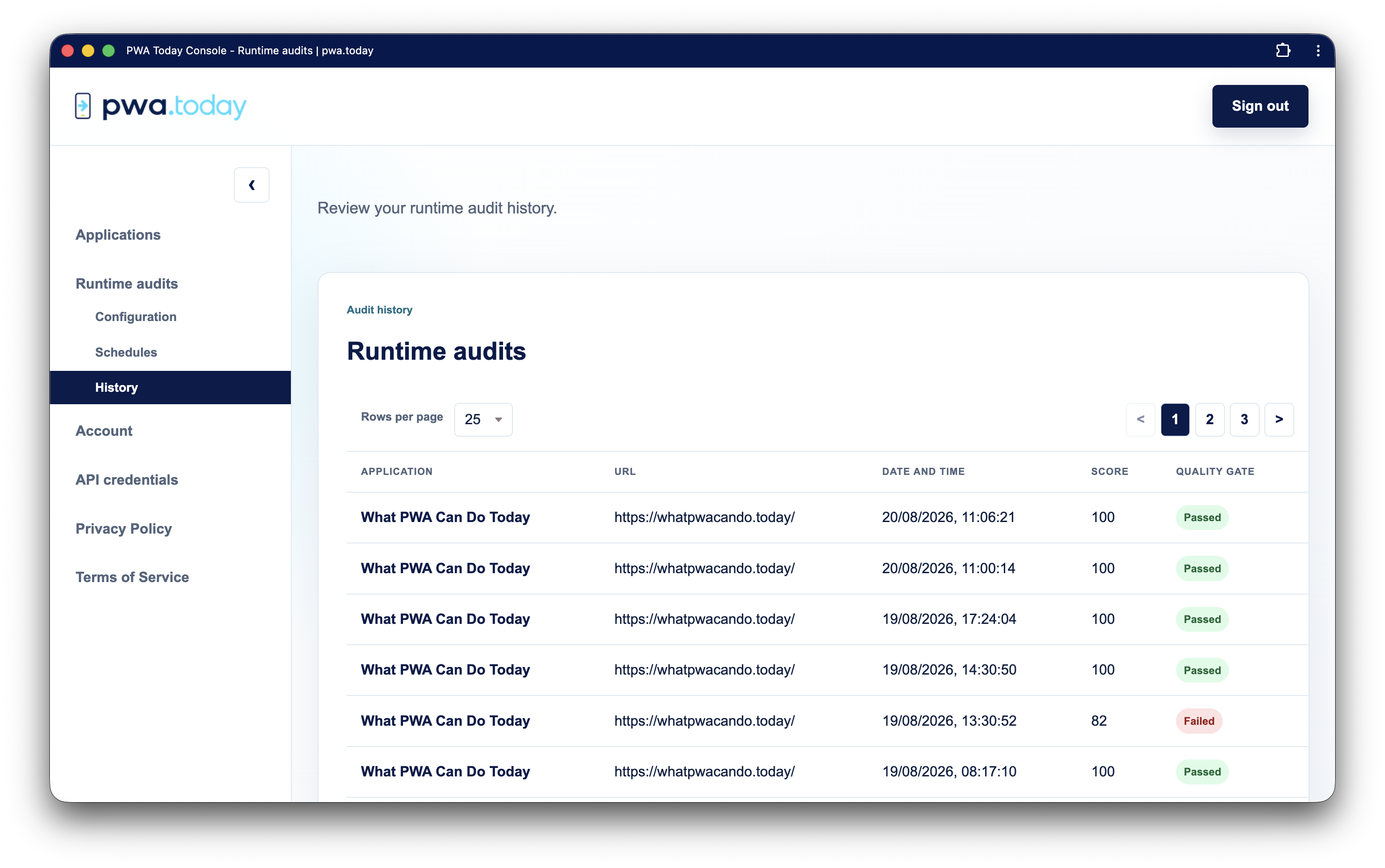 PWA Today console showing a customer's audit history